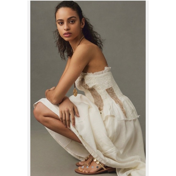 HEMANT & NANDITA Dresses & Skirts - J4 Anthro Hemant & Nandita White Smocked Strapless Linen Midi Dress Lace Trim S
